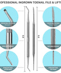 Ingrown Toenail File And Lifter Set Double Sided Stainless Steel Pedicure Tool With Storage Case shown with dimensions