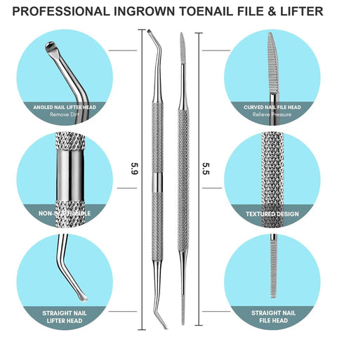 Ingrown Toenail File And Lifter Set Double Sided Stainless Steel Pedicure Tool With Storage Case shown with dimensions