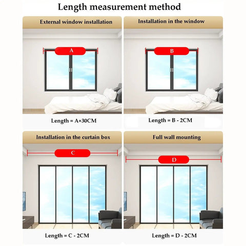 Length measurement method illustration for Heavy Duty Aluminum Curtain Track Ceiling Mount Glides for window installation.