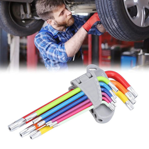 Kickstart Your Home Repair Game With This Hottest 9 Pcs Arm Hex Wrench Set Featuring Gnarly Color Coding And Solid Metal Star Hex Keys For Pro Level Maintenance, Fixing, And All Your Daily DIY Projects Without The Stress. color-coded 9-piece metal Torx wrench set for car repair