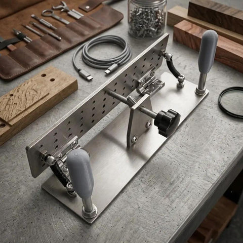 Evenoonest Portable V Clamp Sanding Machine Stainless Steel Handheld Belt Sander Fixed Angle Sharpener on workbench.