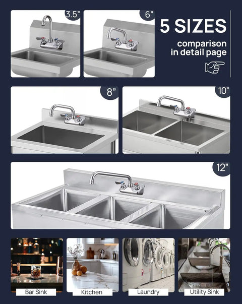 Heavy Duty Commercial Hand Sink Faucet With Slick Chrome Finish Rock Solid Brass Build Rust Resistant Gooseneck Spout Built Like A Tank Durable 304 Stainless Steel Wall Mount comparison of 5 sizes in detail.