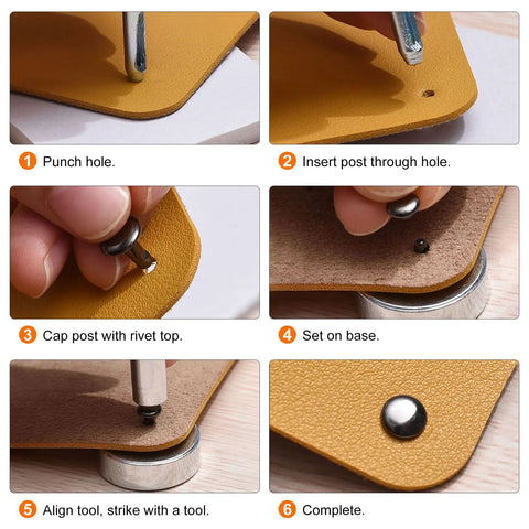Step-by-step guide showing 3mm Single Cap Rivets In Gunmetal Finish installation on leather using carbon steel fasteners.