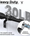 Heavy Duty Telescoping Curtain Rod Set Adjustable 36 To 144 Inch 1 Inch Diameter Black Finish Easy Install Supports Up To 30 Pounds Sturdy Steel Construction For Large Windows And Drapery Modern Window Treatment Rod showcasing 1 inch rod and 0.8mm thickness with 30 LB capacity label. Sturdy and durable.