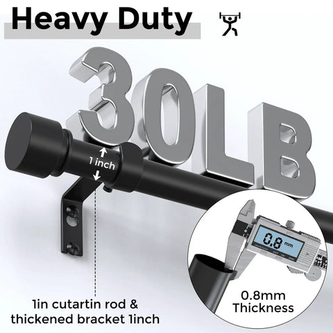 Heavy Duty Telescoping Curtain Rod Set Adjustable 36 To 144 Inch 1 Inch Diameter Black Finish Easy Install Supports Up To 30 Pounds Sturdy Steel Construction For Large Windows And Drapery Modern Window Treatment Rod showcasing 1 inch rod and 0.8mm thickness with 30 LB capacity label. Sturdy and durable.
