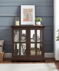 32 Inch Glass Liquor Cabinet With Seven Color LED Lights Smartphone Control in living room, dark cherry finish, decorative setup.