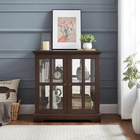 32 Inch Glass Liquor Cabinet With Seven Color LED Lights Smartphone Control in living room, dark cherry finish, decorative setup.