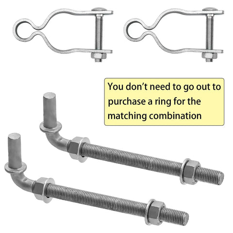 8-Inch J-Bolt Gate Hinge Kit Heavy Duty Galvanized Steel With 5/8 Inch Pin For Chain Link Fence Swing Gates And Farm Wall Wood Metal Posts 2 Pack, shown with hinges and bolts