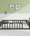 Safe Toddler Floor Bed With Rails And Door Full Size Montessori Bed For Ages 2 To 5 Low Profile Metal Platform Black