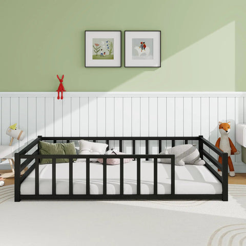 Safe Toddler Floor Bed With Rails And Door Full Size Montessori Bed For Ages 2 To 5 Low Profile Metal Platform Black