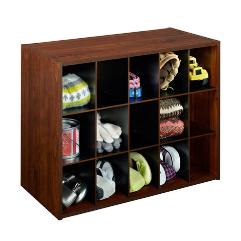 15 Cube Stackable Storage Organizer For Shoes, Bags, Crafts, And Small Gear With Wood Shelves, Perfect For Closet, Entryway, Or Mudroom, Dark Cherry Finish