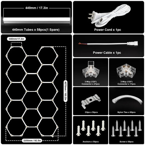 Hexagon LED Garage Lights For Home And Shop, Ultra Bright Honeycomb Panels, 456W High Power, 54720 Lumens, 6500K Daylight, 14 Grid System For Car Detailing, Warehouse, Basement And Gym components layout