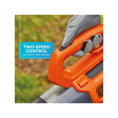 Close-up of a hand activating two-speed control on Corded Handheld Leaf Blower With 450 CFM And 140 MPH Power during yard cleanup.