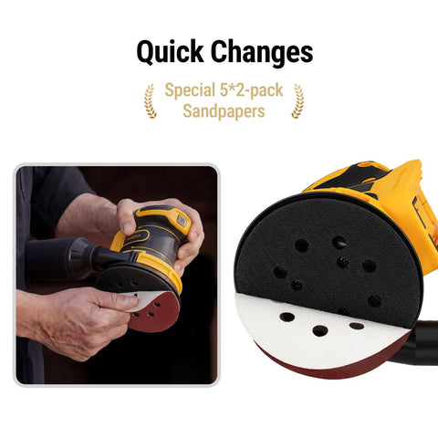 Five Inch Brushless Cordless Random Orbital Sander Cranks Out Twelve Thousand Opm Tough As Nails Palm Sander with sandpaper change.