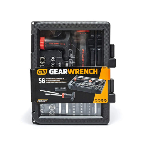 Packaging of Ratcheting GearDriver Screwdriver Set 56 Pc with interchangeable shafts and handles visible through the box window.