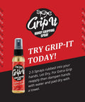 Grip-iT handy gripping spray bottle with label and instructions on Chalkless Grip Spray For Pole Dancing Aerial Silk And Court Sports Like Tennis And Pickleball Non Slip Overgrip Training Aid Sweat Resistant Quick Dry For Weight Lifters And Fitness Fans.