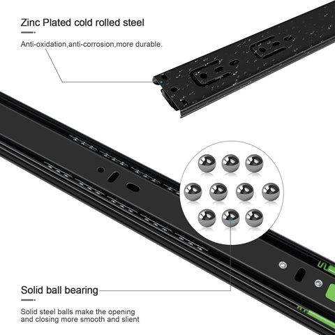 14 Inch Soft Close Drawer Slides Set 6 Pairs Ball Bearing Full Extension Side Mount Heavy Duty 100 LB Capacity Black Cabinet Drawer Slides With Quiet Close Action, black zinc plated steel ball bearing slide