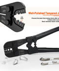 Pro Grade Wire Rope Crimper Tool Kit with Steel Cable Cutter, showing crimper jaws and tools, for copper and aluminum sleeves