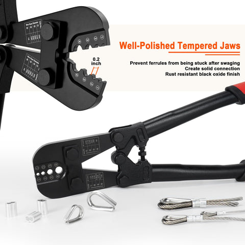 Pro Grade Wire Rope Crimper Tool Kit with Steel Cable Cutter, showing crimper jaws and tools, for copper and aluminum sleeves