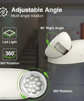 Close-up of adjustable heads on 10 Pack Hard Wired LED Emergency Lights With Battery Backup Featuring Two Adjustable Heads For Commercial Exit Lighting UL 924 Certified Reliable Biz Safety Lighting During Power Outages And Emergencies.