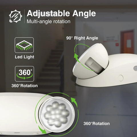 Close-up of adjustable heads on 10 Pack Hard Wired LED Emergency Lights With Battery Backup Featuring Two Adjustable Heads For Commercial Exit Lighting UL 924 Certified Reliable Biz Safety Lighting During Power Outages And Emergencies.
