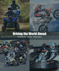 DYC 420 motorcycle chain collage showing ATV and dirt bike racing scenes (quad, motocross, go-kart)