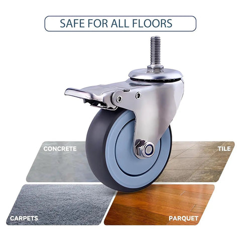 Heavy Duty Swivel Caster Wheels With Brakes For Furniture And Workbench Carts, silver M threaded stem, safe for all floors