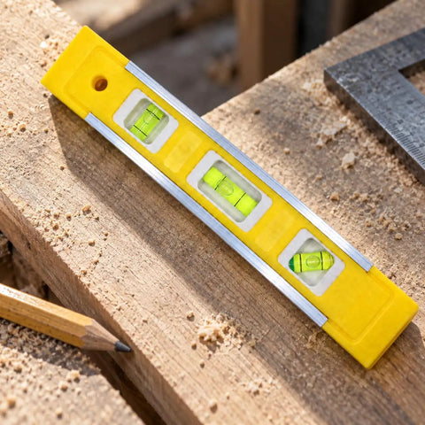 Spirit Level, Aluminum Alloy, yellow with three bubbles, placed on wooden surface for accurate leveling.