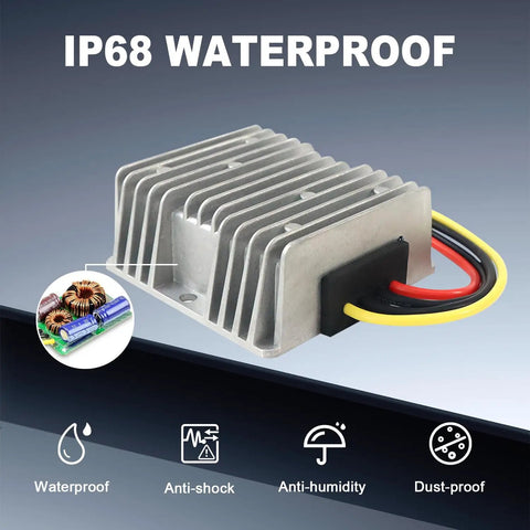 Beefy DC 48V To 36V Step Down Converter Waterproof Voltage Regulator Module with cooling fins and wires, IP68 rated.
