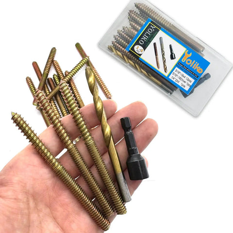 Hand holding 12 Pack 5/16-18 X 4 Inch Hanger Bolts With Alloy Steel Driver And HSS Twist Drill, Double Headed Wood Dowel Screws