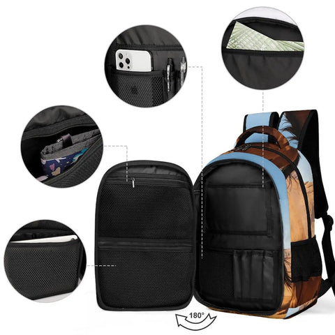 Open view of Western Style Horse Print Unisex Backpack with large capacity, showing compartments and durable polyester material.