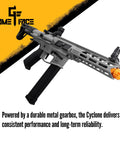 Cyclone AEG Full Auto And Semi Auto Airsoft Rifle With 12 Round Rotary Magazine Up To 400 FPS on white and orange background