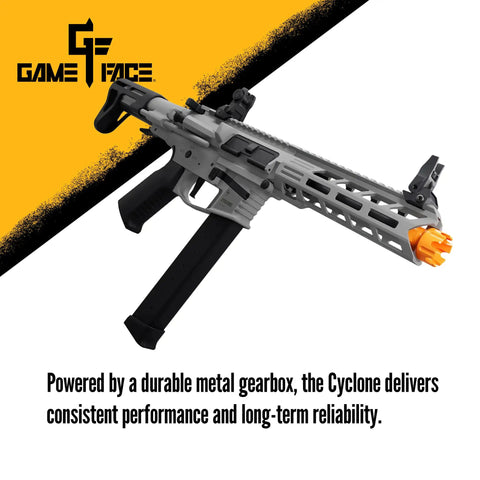 Cyclone AEG Full Auto And Semi Auto Airsoft Rifle With 12 Round Rotary Magazine Up To 400 FPS on white and orange background