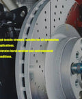 Close-up of a car brake disc and caliper with text. Focus: 5m Steel Brake Line Kit With PVF Coating For Durability, Universal Use.