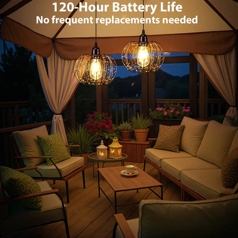Battery Operated Hanging Chandelier Outdoor Set Of Two With Remote Control Boho Copper Wire Beaded Pendant Light Weatherproof Dimmable Timer in cozy patio setting.