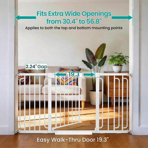 Extra Wide Walk Through Baby And Dog Gate Auto Close Dual Lock White Safety Barrier with walk-thru door 19.3 inches