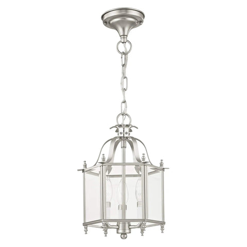 Three Light Brushed Nickel Hanging Lantern Or Flush Mount Chandelier With Clear Beveled Glass Traditional Steel Fixture
