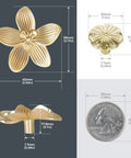8 Pack 2.4 Inch Brushed Gold Flower Cabinet Knobs With Three Screw Sizes, side and top views, compared with coin for scale