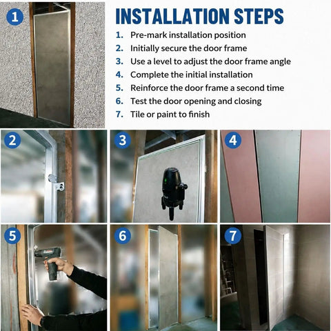 Sturdy Aluminum Alloy Recessed Drywall Access Panel Featuring Slick Flush Mount installation steps visual guide with numbered images.