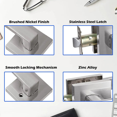 Close-up of Hall And Closet Lever Door Lock Handle in Satin Nickel Finish showing brushed nickel, stainless steel latch, and zinc alloy details