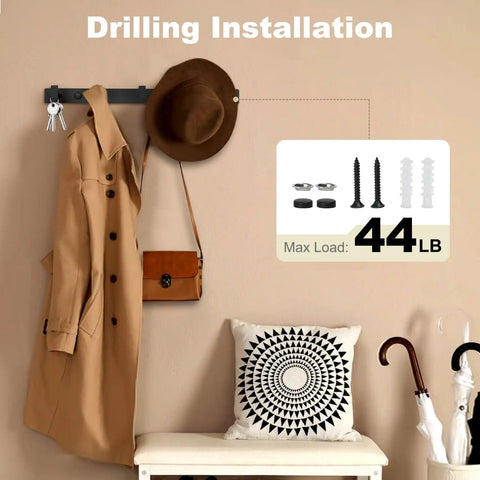 Sturdy Matte Black Wall Mount Coat Rack With Five Heavy Duty Metal Hooks, Rustproof and Waterproof, featuring drilling installation guide