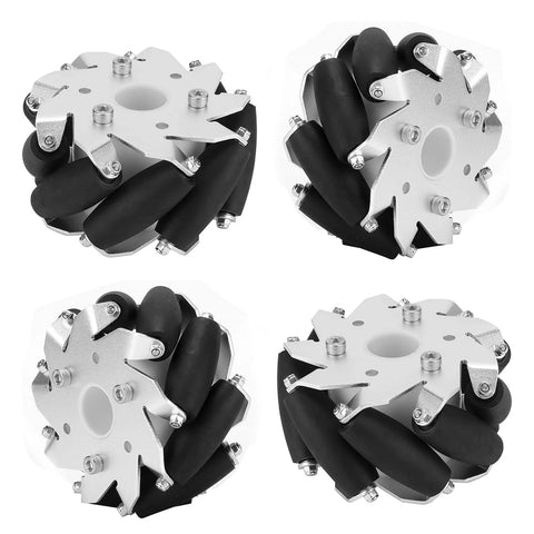 4x 100mm steel mecanum wheels with aluminum frame, 9-roller omnidirectional wheels for RC robot chassis