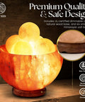 Cozy Himalayan Salt Lamp Bowl With Six Massage Balls, dimmable light on a wooden base, glowing in a warm ambiance