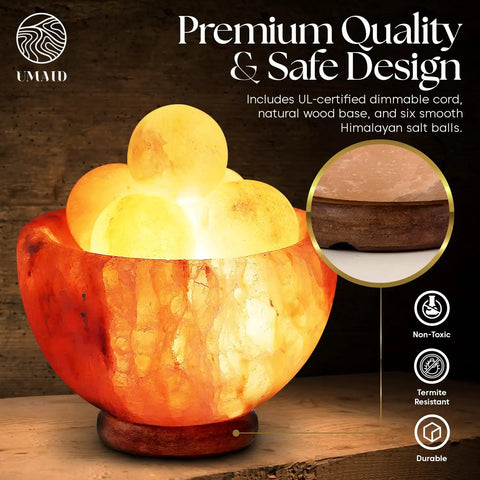 Cozy Himalayan Salt Lamp Bowl With Six Massage Balls, dimmable light on a wooden base, glowing in a warm ambiance