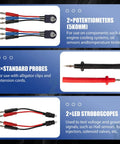 110 Pcs Automotive Circuit Test Lead Kit With Multimeter Probes Back Probe Kit Alligator Clips Relay Wire Connectors Electrical Test Set, detail of components including potentiometers, standard probes, and LED stroboscopes.