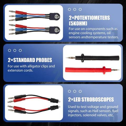110 Pcs Automotive Circuit Test Lead Kit With Multimeter Probes Back Probe Kit Alligator Clips Relay Wire Connectors Electrical Test Set, detail of components including potentiometers, standard probes, and LED stroboscopes.