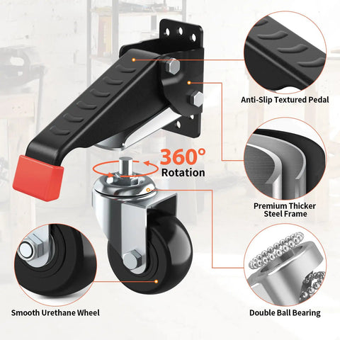 Close-up of Heavy Duty Retractable Workbench Casters Kit 720 Lb Capacity showing components like urethane wheel, pedal, and steel frame