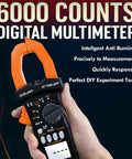 Hand holding Bluetooth Clamp Meter For Electricians And DIY Projects TRMS 6000 Counts with NCV, close-up view