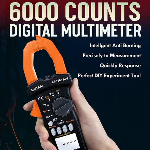 Hand holding Bluetooth Clamp Meter For Electricians And DIY Projects TRMS 6000 Counts with NCV, close-up view