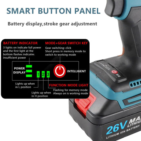 Smart button panel of Heavy Duty Cordless Rivet Nut Gun Set With Automatic Pop Rivet Installer showing battery display and gear adjustment.